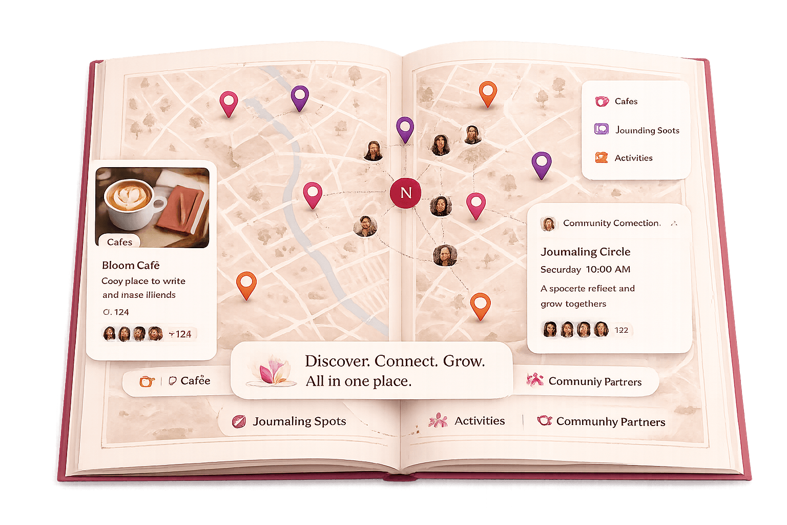 The Journaling Atlas — an illustrated map of journaling-friendly places, cafés, activities, and community spots