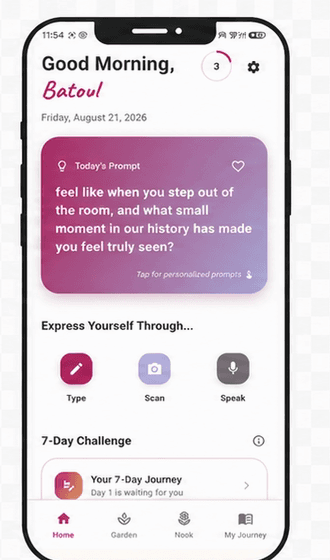 The NoorSense app home screen: journal by type, scan, or speak.