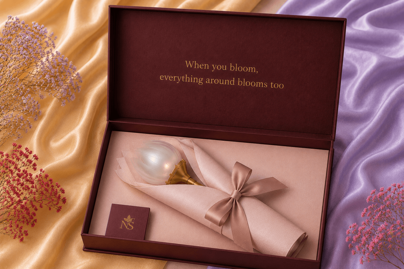 NoorFlower gift box engraved with: When you bloom, everything around blooms too.