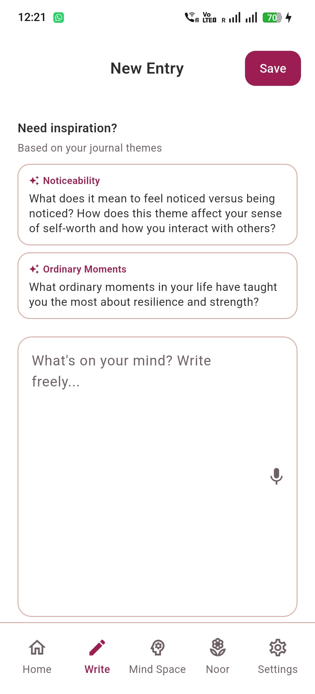 NoorSense app — Guided Writing
